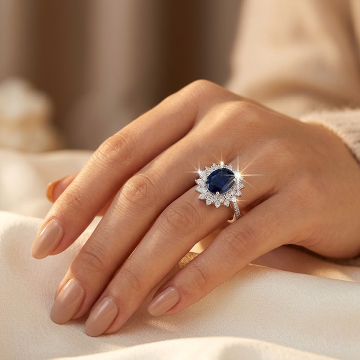 Golden Sapphire Halo Ring