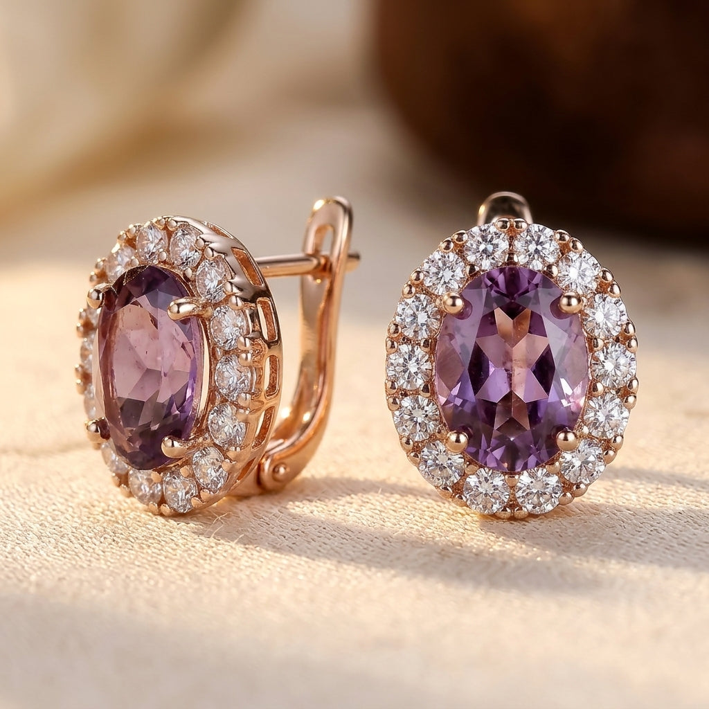 Halo Earrings in Gold and Amethyst