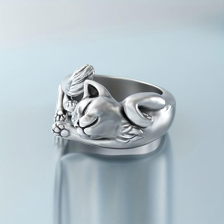Bague Ajustable en Argent - Chat Endormi