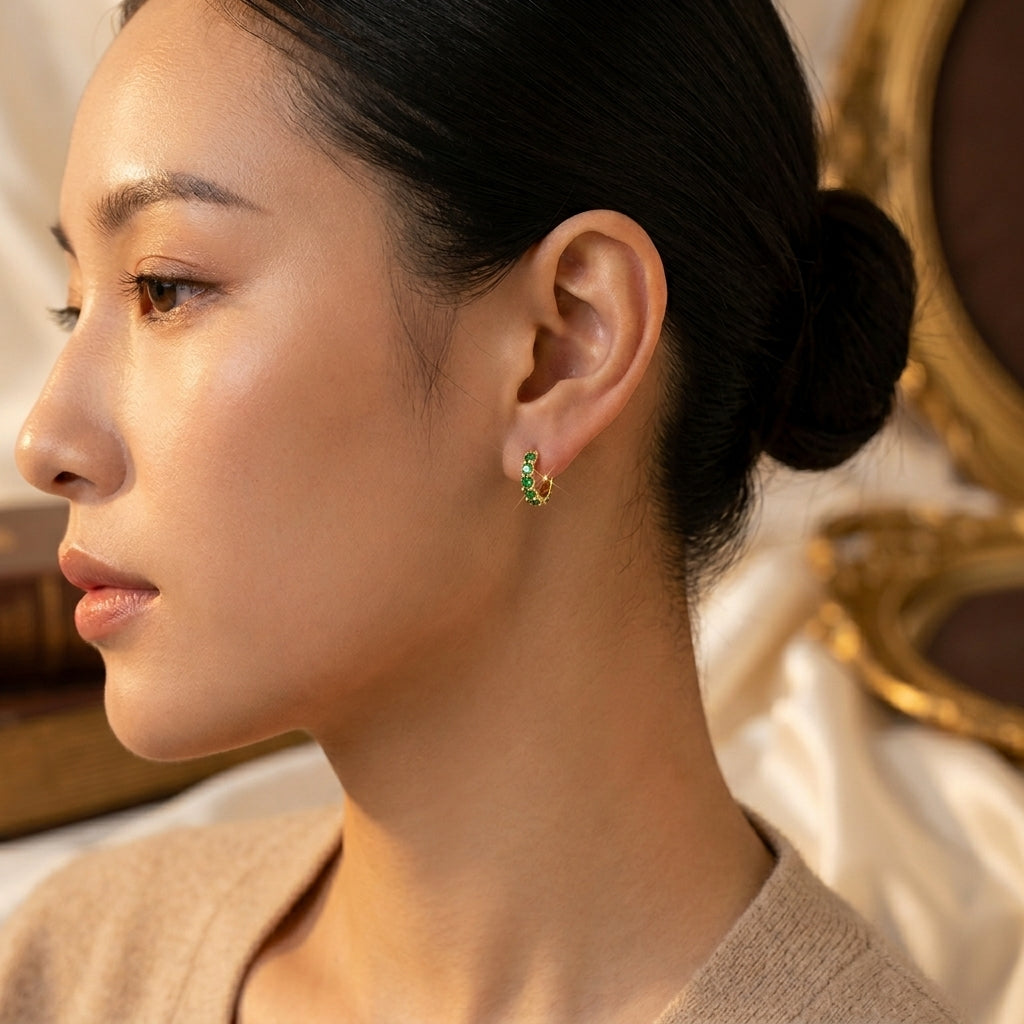 Gold and Emerald Hoop Earrings