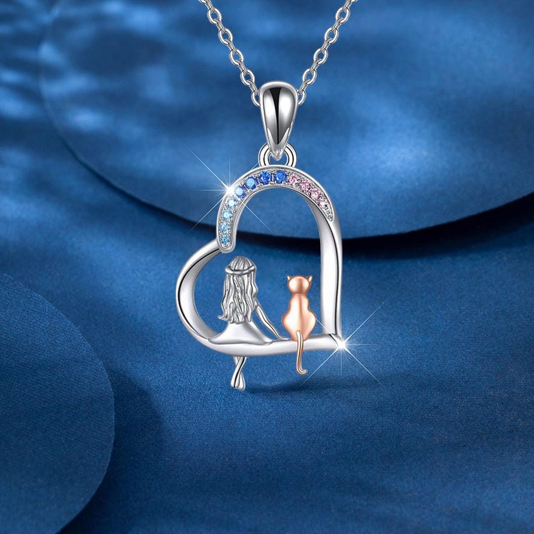 Collier Pendentif Cœur Arc-en-Ciel Fille et Chat