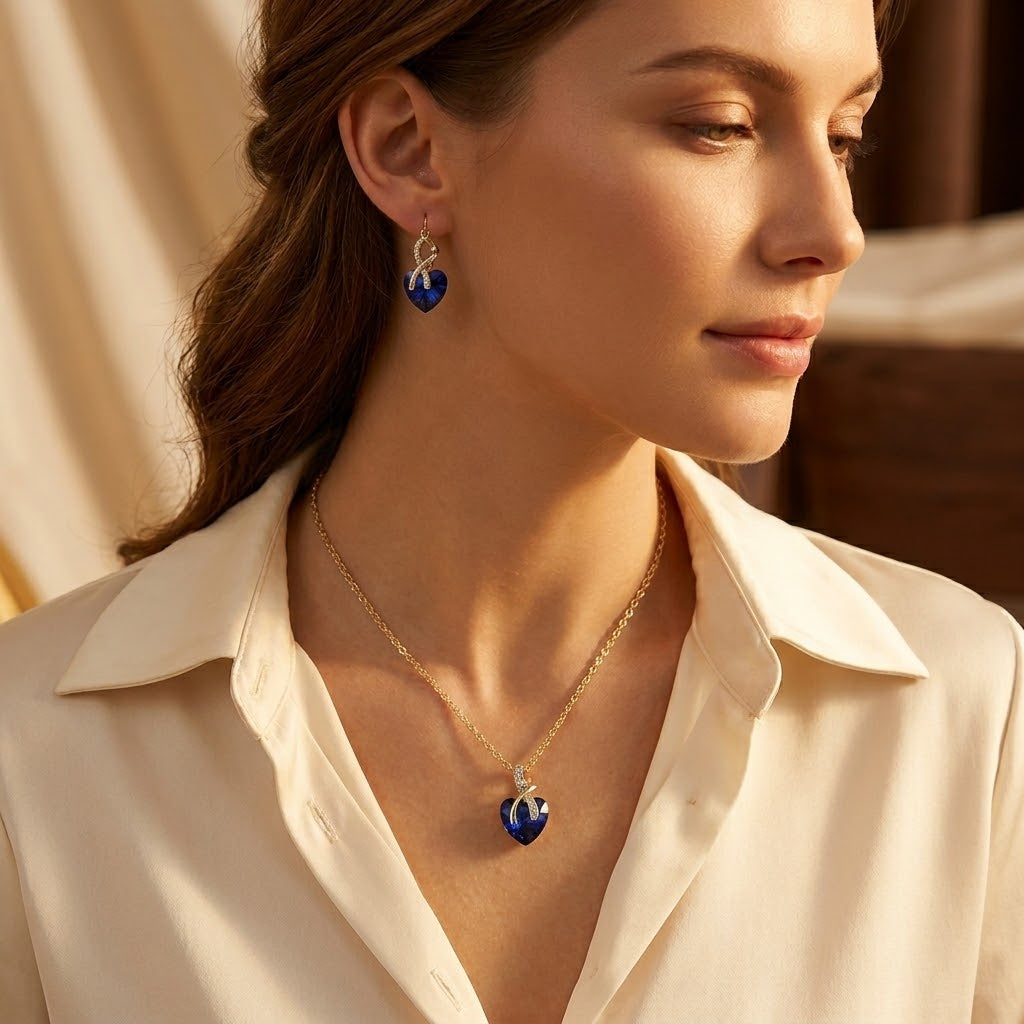 Collier en cœur en saphir doré et ensemble de boucles d&