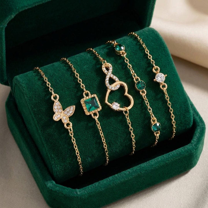 Green Crystal Stone Bracelet Set Hallow Heart