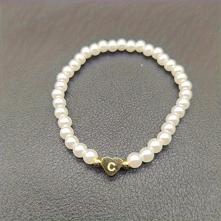 Personalised Pearl Bead Bracelet with Heart Initial Charm