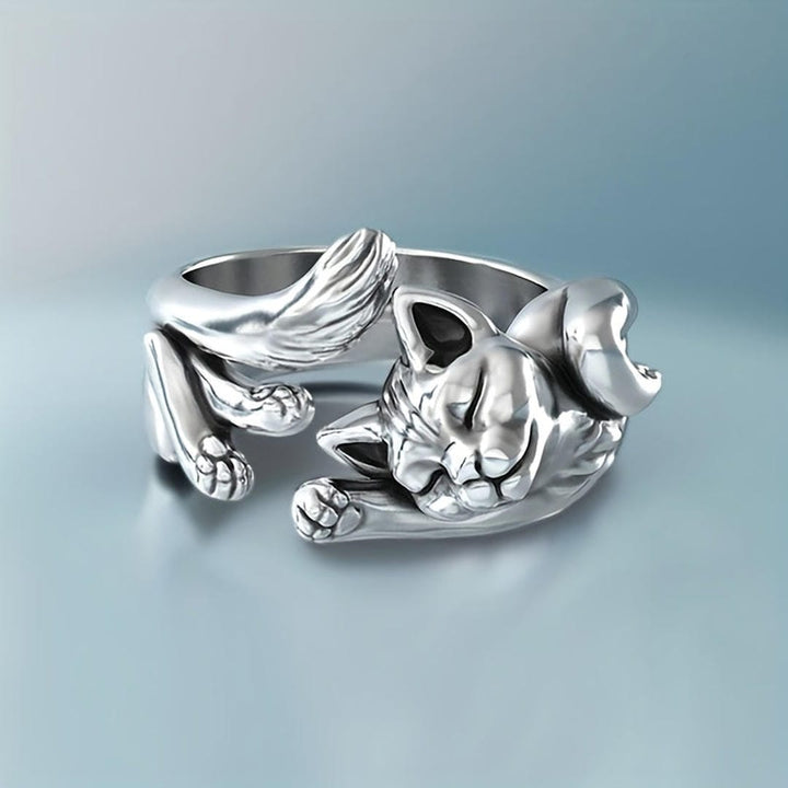 Bague Ajustable en Argent - Chat Endormi