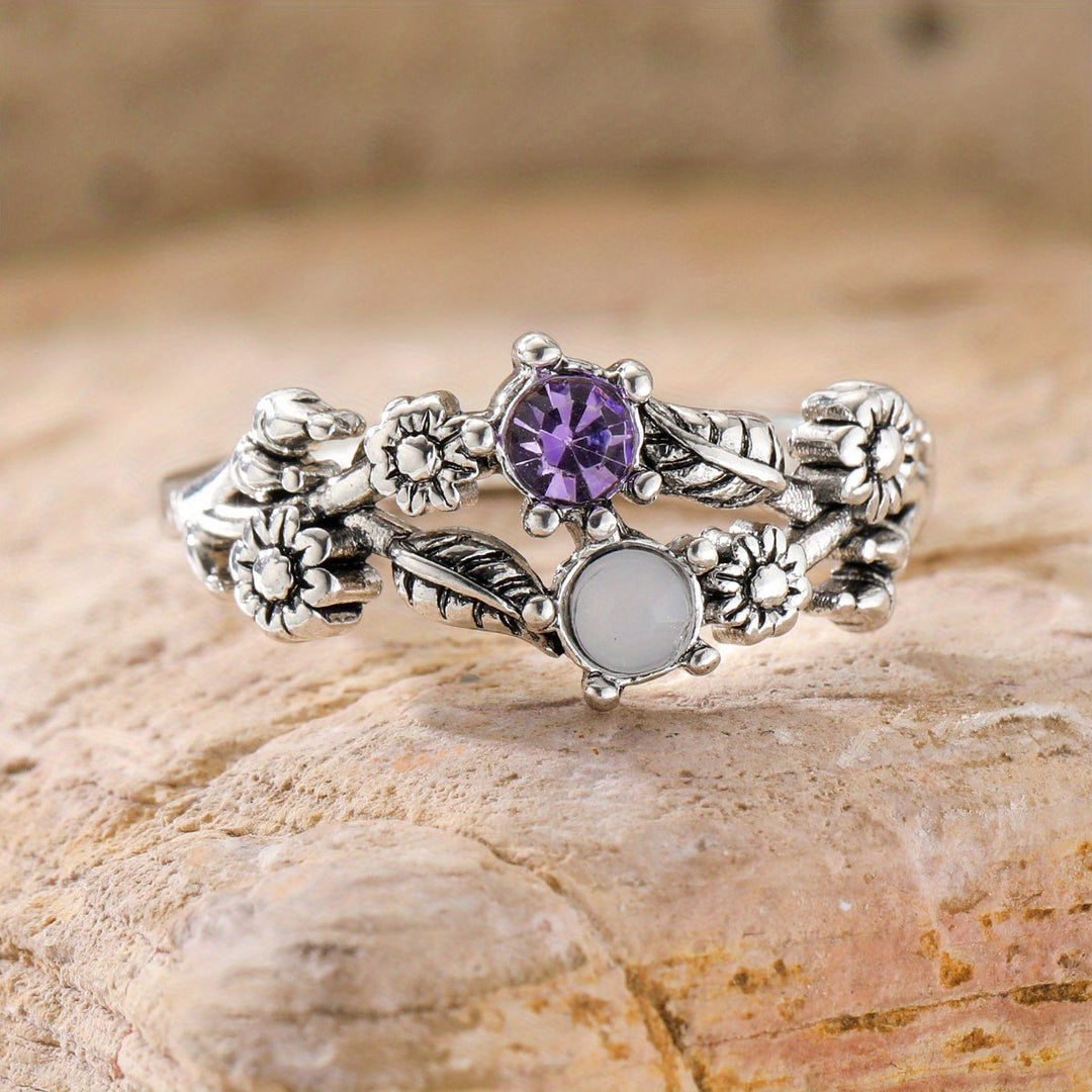 Bague Vintage Florale en Améthyste et Pierre de Lune