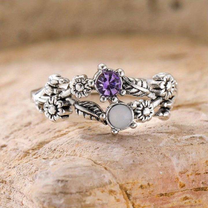 Bague Vintage Florale en Améthyste et Pierre de Lune