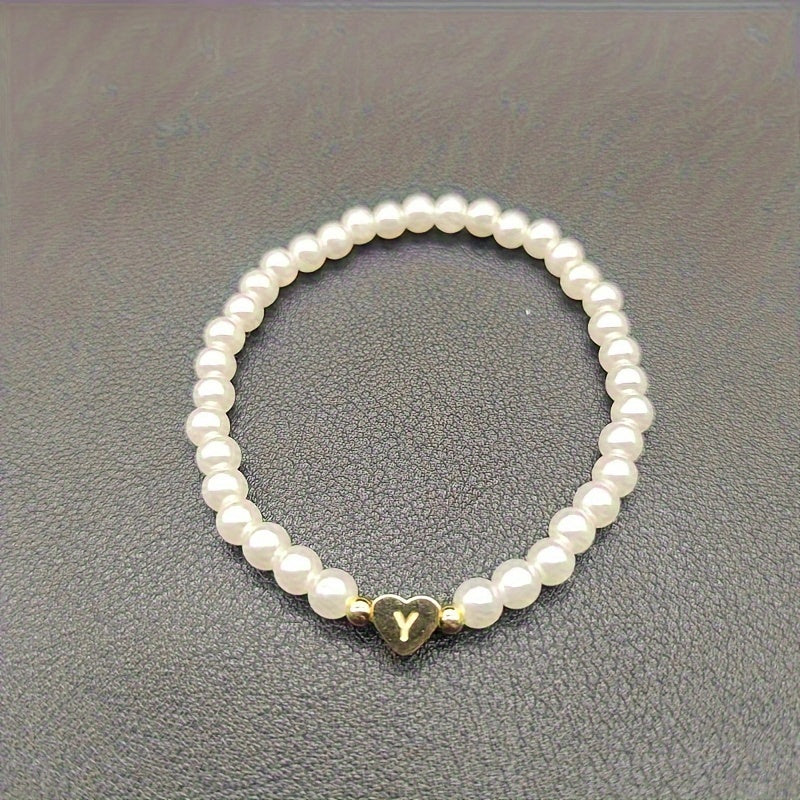 Personalised Pearl Bead Bracelet with Heart Initial Charm