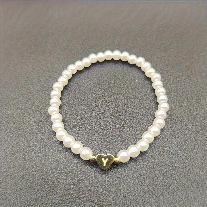 Personalised Pearl Bead Bracelet with Heart Initial Charm