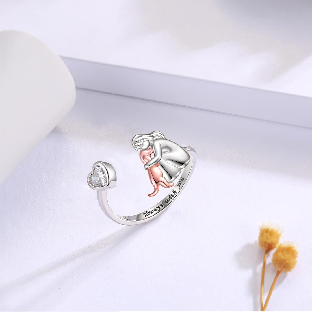 Bague Ajustable en Argent Sterling 925 pour Chien – "Toujours dans Mon Cœur" avec Zirconia
