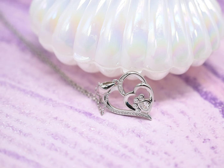 Sterling Silver Paw &amp; Heart Necklace with Zirconia