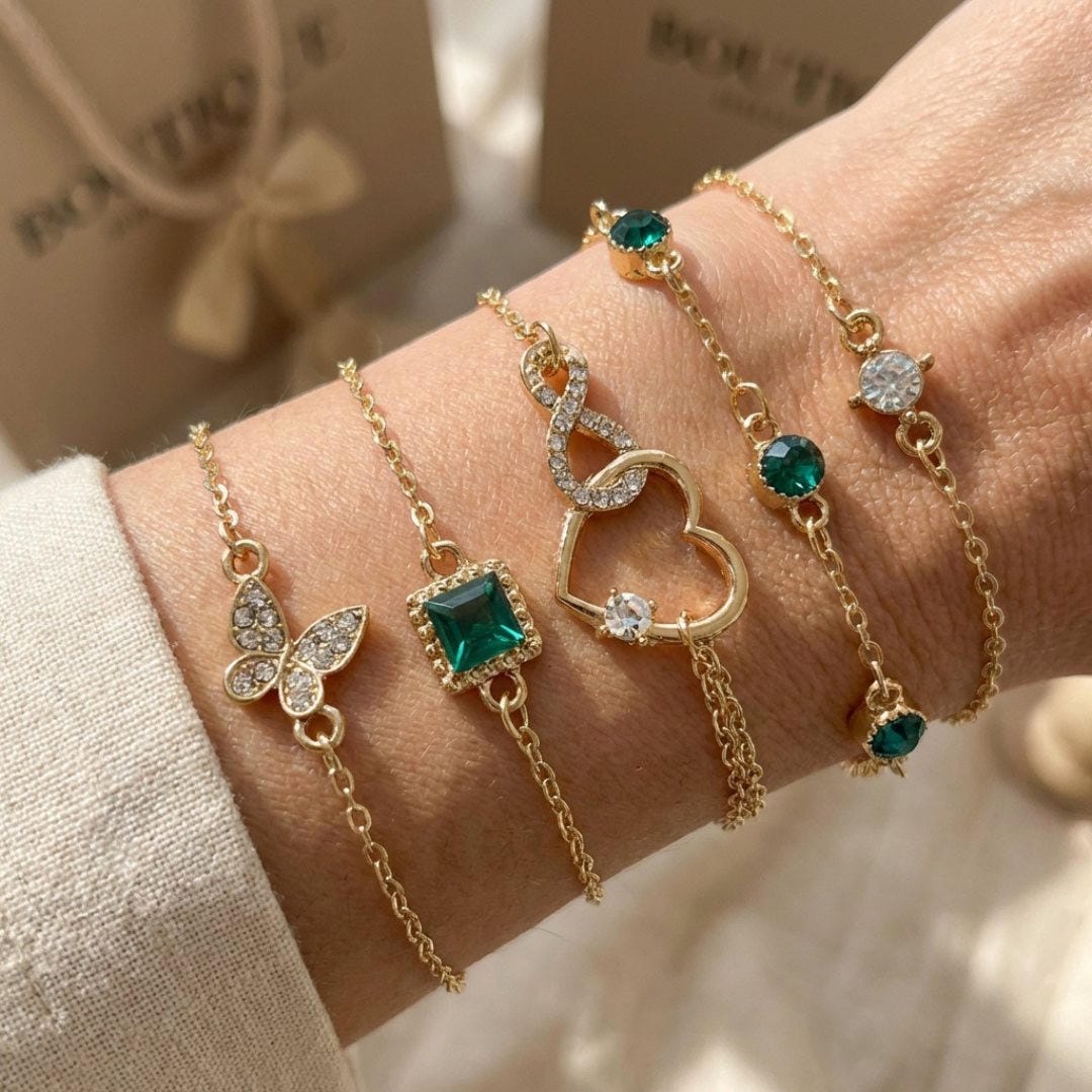 Green Crystal Stone Bracelet Set Hallow Heart