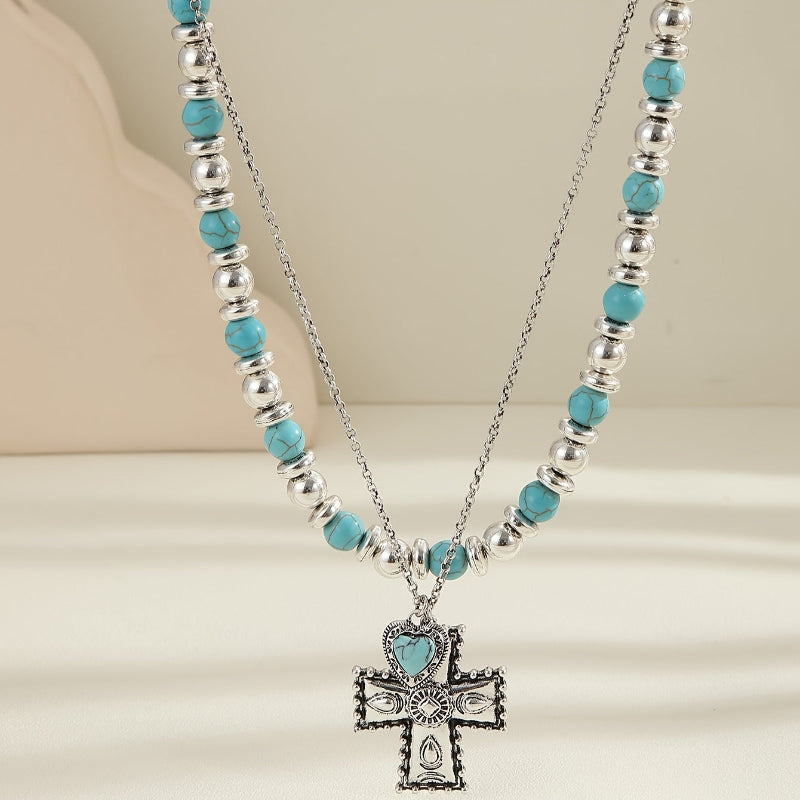 Collier en Perles Turquoise avec Croix