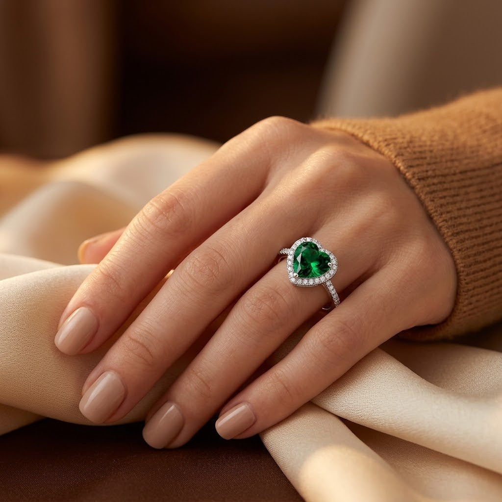Emerald Silver Halo Ring