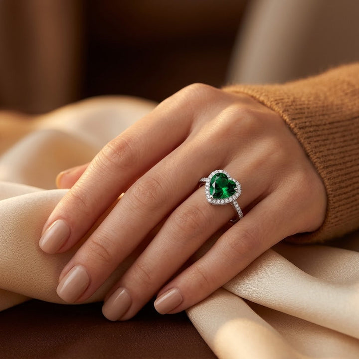Emerald Silver Halo Ring