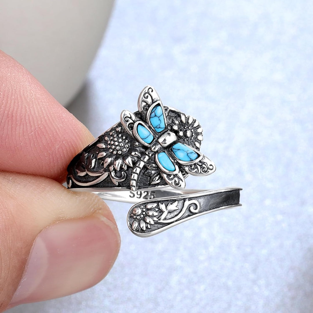 Bague Cuillère en Argent Sterling et Turquoise – Bague Vintage Boho avec Libellule