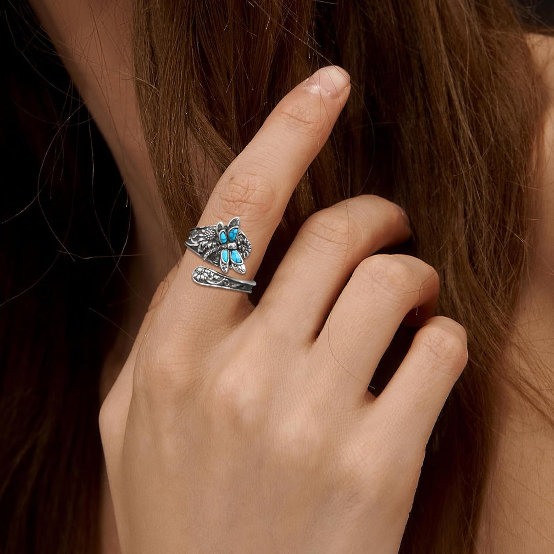 Bague Cuillère en Argent Sterling et Turquoise – Bague Vintage Boho avec Libellule