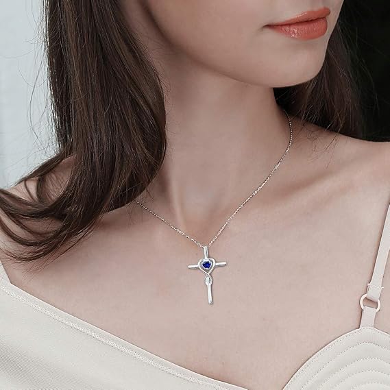 Sapphire Heart Stone Cross Necklace | White Gold
