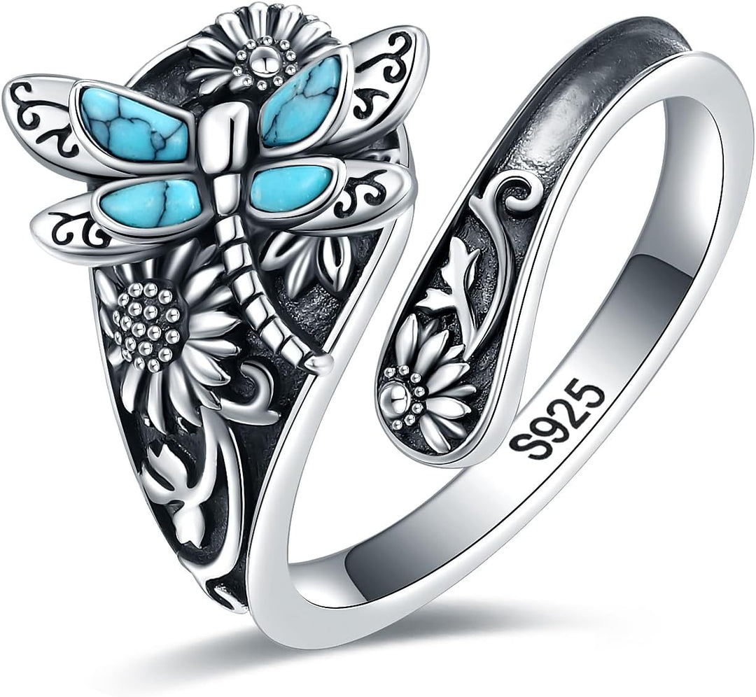 Bague Cuillère en Argent Sterling et Turquoise – Bague Vintage Boho avec Libellule