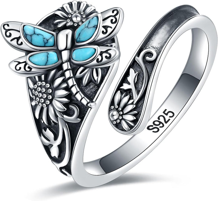 Bague Cuillère en Argent Sterling et Turquoise – Bague Vintage Boho avec Libellule