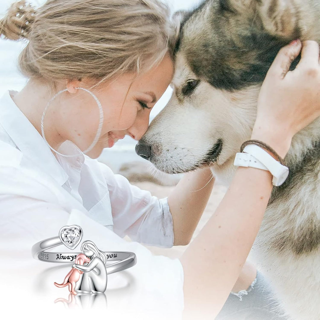 Bague Ajustable en Argent Sterling 925 pour Chien – "Toujours dans Mon Cœur" avec Zirconia
