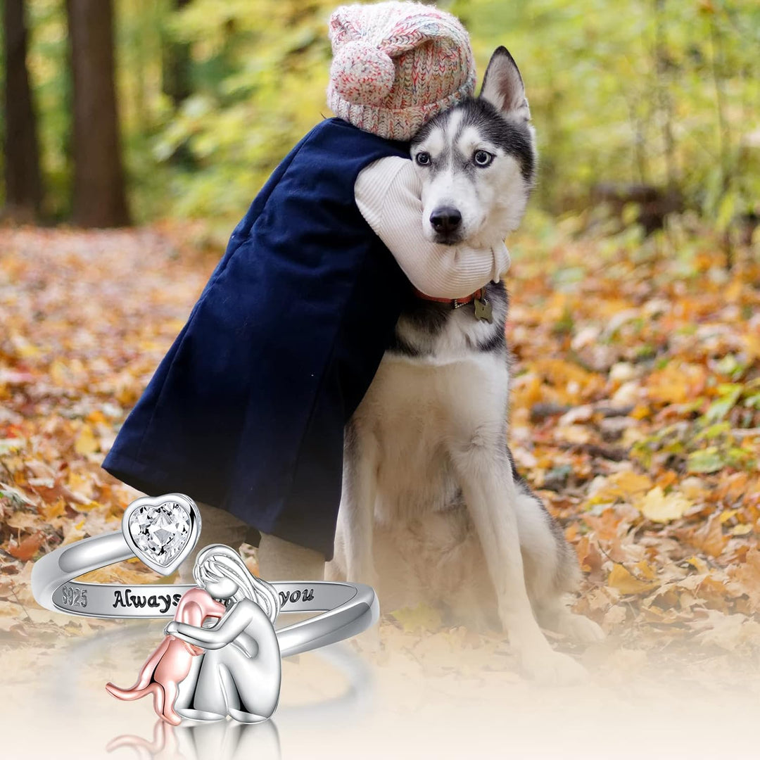 Bague Ajustable en Argent Sterling 925 pour Chien – "Toujours dans Mon Cœur" avec Zirconia