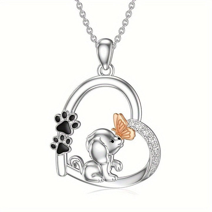 Collier Pendentif Cœur avec Papillon et Chien
