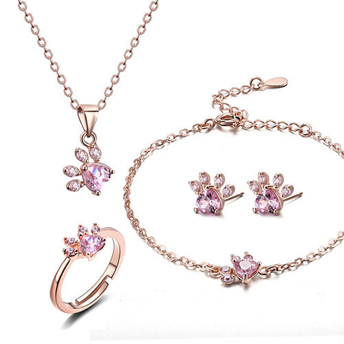 Ensemble de Bijoux Pattes en Or Rose – 4 Pièces avec Cœur en Zirconium (Bague, Collier, Boucles d&