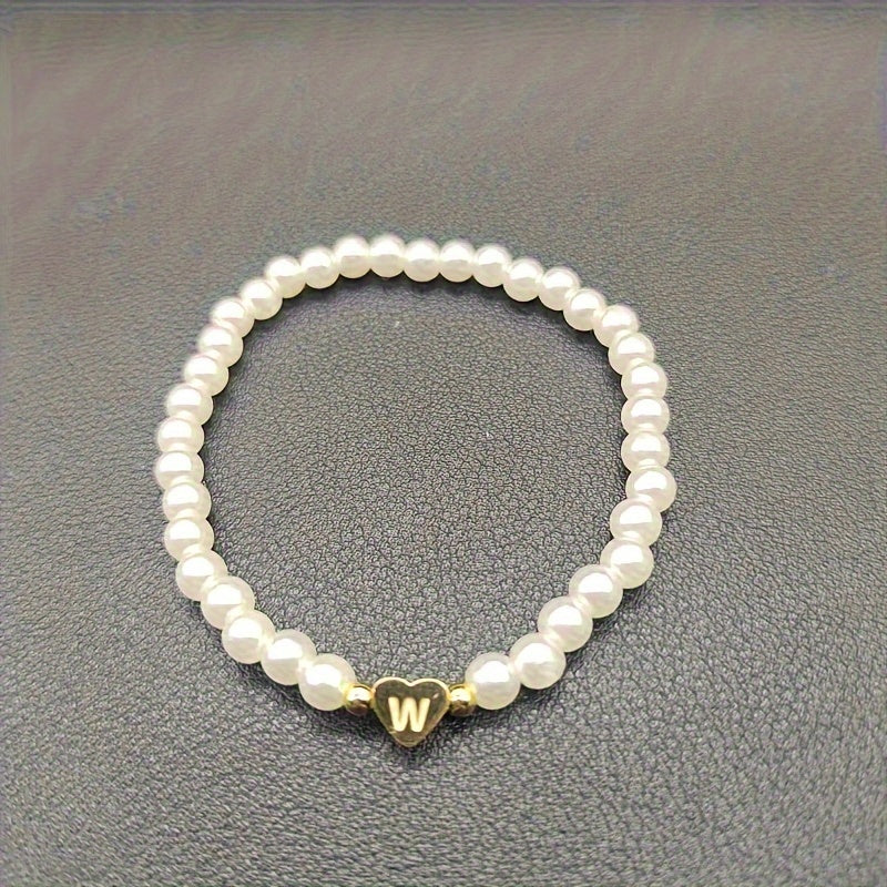 Personalised Pearl Bead Bracelet with Heart Initial Charm