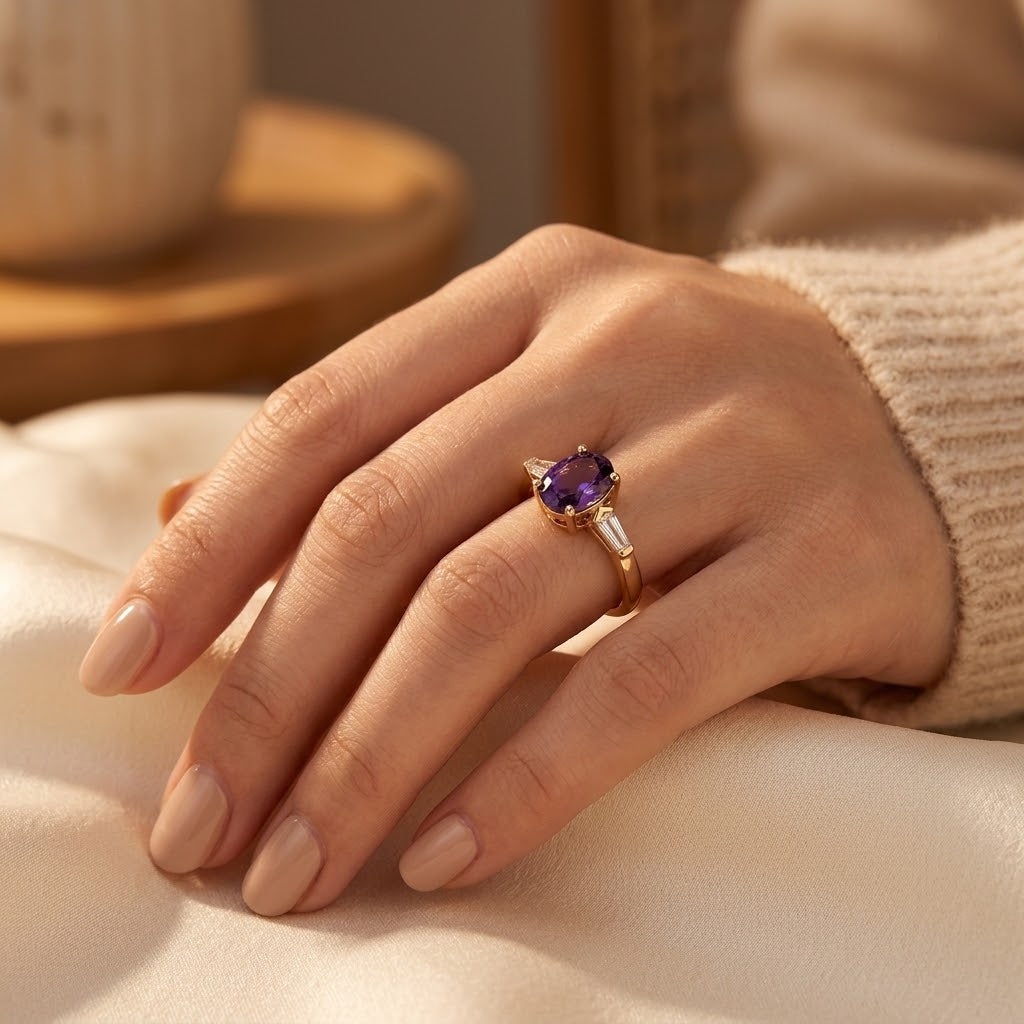 Gold ring with three amethyst stones