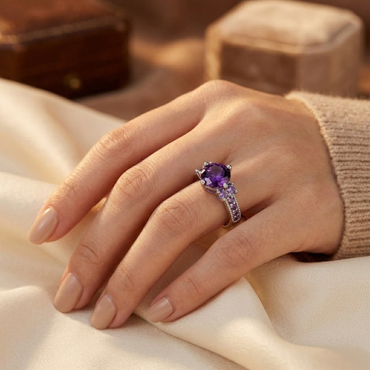 Bague en argent avec améthyste et pierre latérale