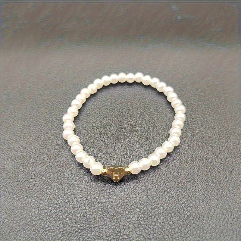 Personalised Pearl Bead Bracelet with Heart Initial Charm
