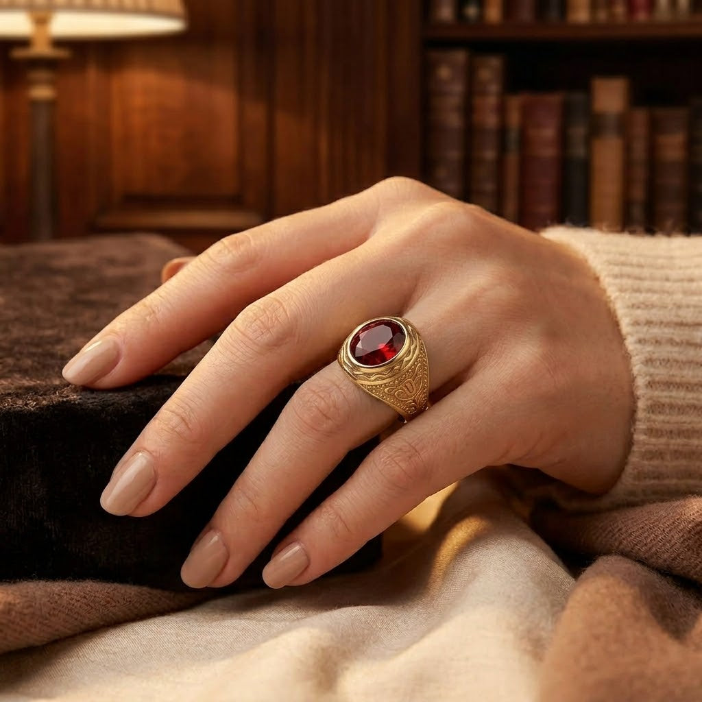 Gold Ring with Engraved Ruby