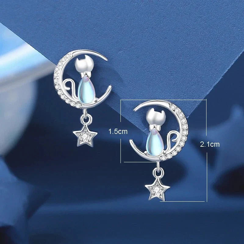925 Sterling Silver Moon &amp; Star Cat Earrings With Zircon