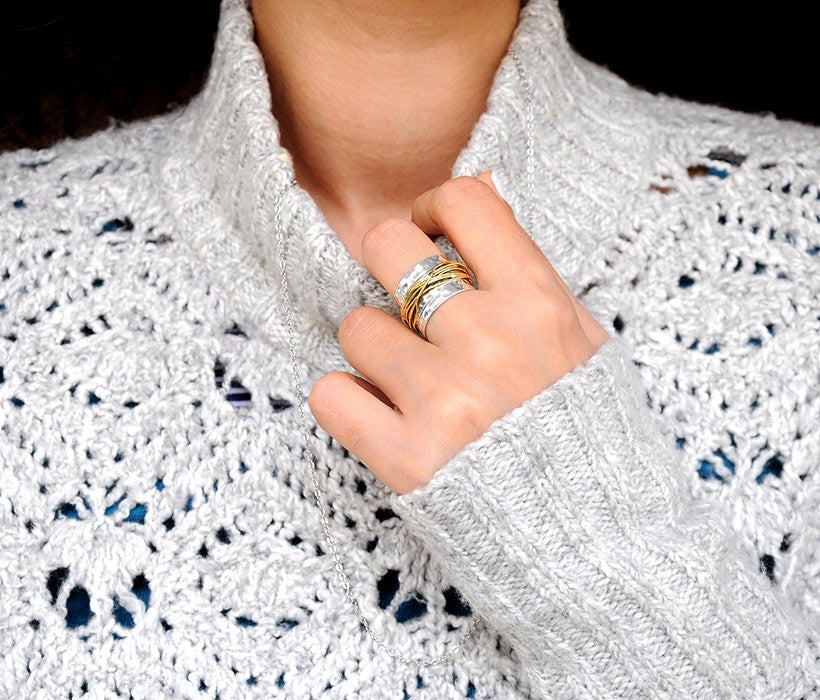 Sterling Silver &amp; Gold Wide Band Statement Ring