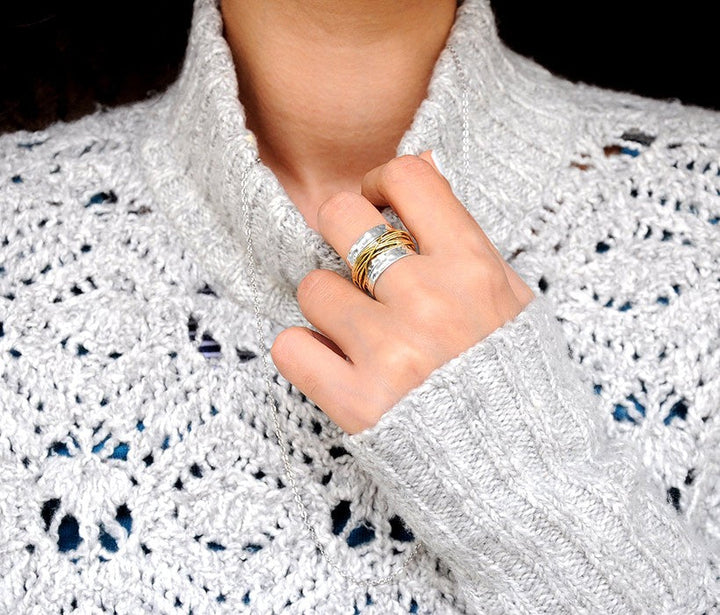 Sterling Silver &amp; Gold Wide Band Statement Ring