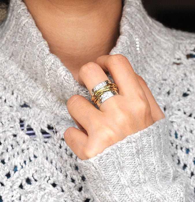 Sterling Silver &amp; Gold Wide Band Statement Ring