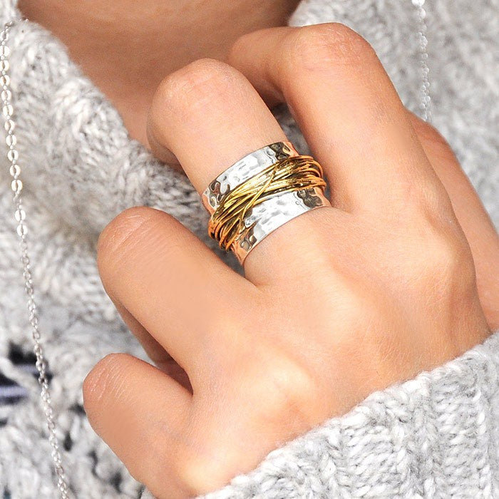 Sterling Silver &amp; Gold Wide Band Statement Ring