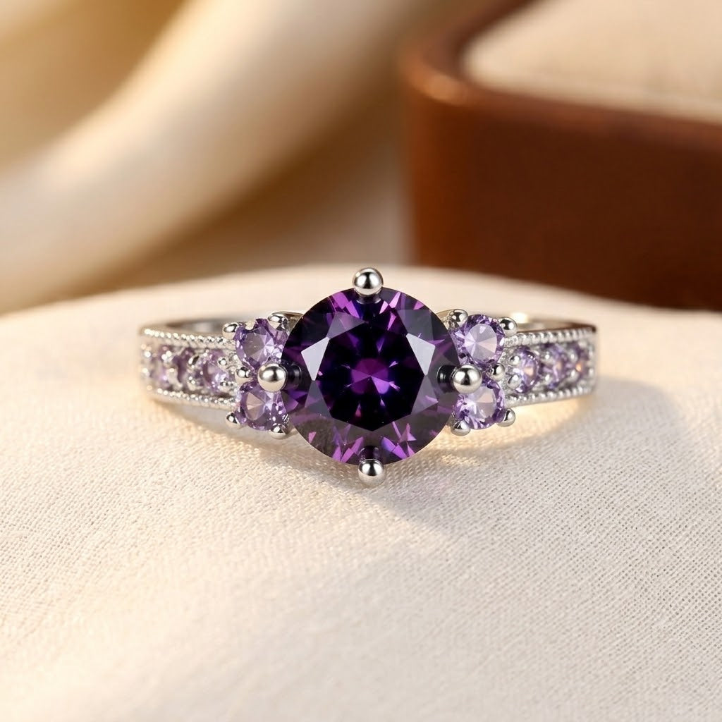 Bague en argent avec améthyste et pierre latérale