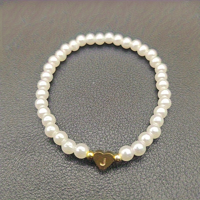 Personalised Pearl Bead Bracelet with Heart Initial Charm
