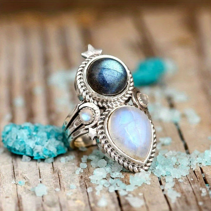 Bague en Argent avec Labradorite et Pierre de Lune Céleste