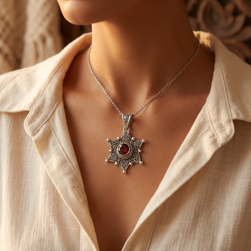 Collier Pendentif Étoile en Argent et Rubis