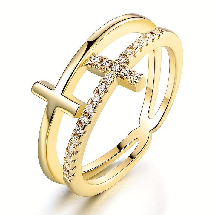 Bague Croisée en Zirconium et Or Blanc à Double Couche
