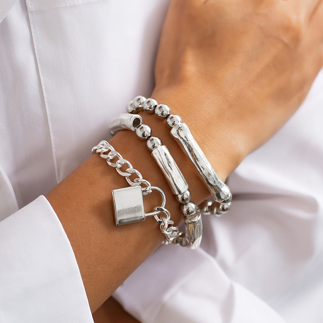 Ensemble de Bracelets Punk en Or Blanc avec Fermoir