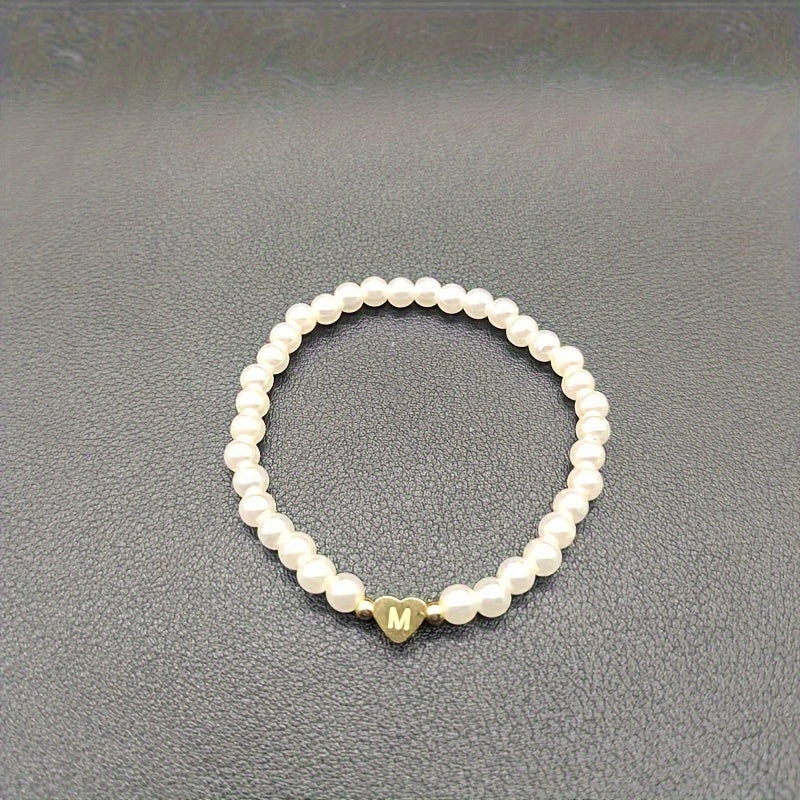 Personalised Pearl Bead Bracelet with Heart Initial Charm