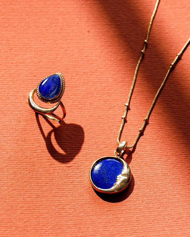 Crescent Moon Ring with Lapis Gold Plated