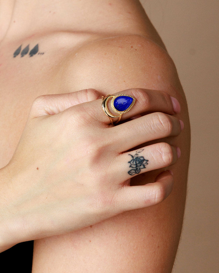 Crescent Moon Ring with Lapis Gold Plated