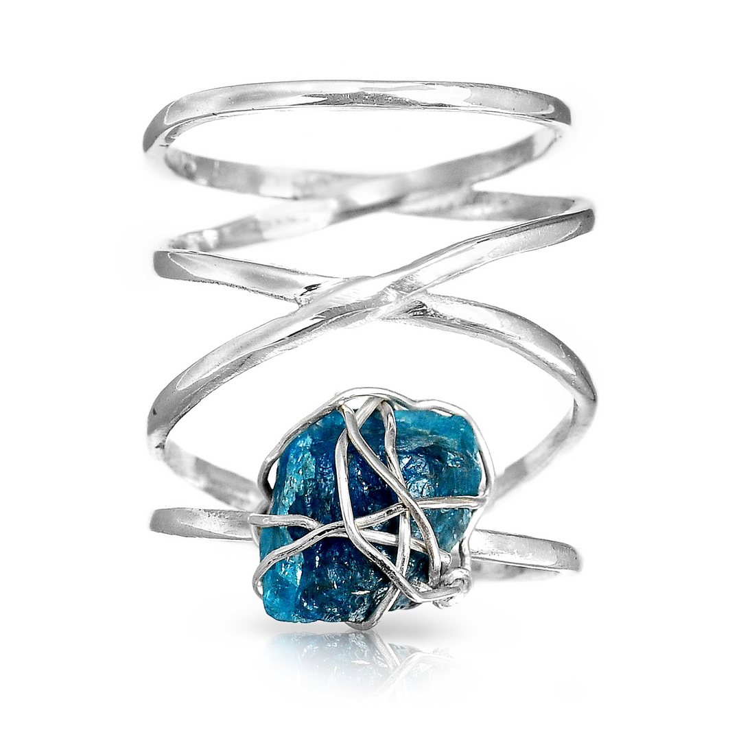 Natural Raw Apatite Wire Wrapped Ring in Sterling Silver