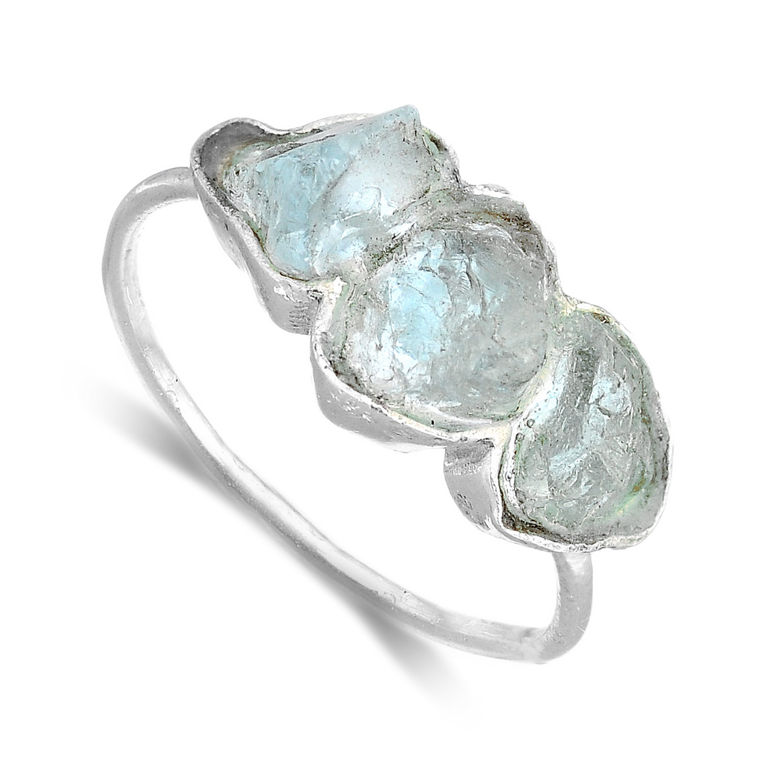 Three Stone Raw Aquamarine Ring in Sterling Silver