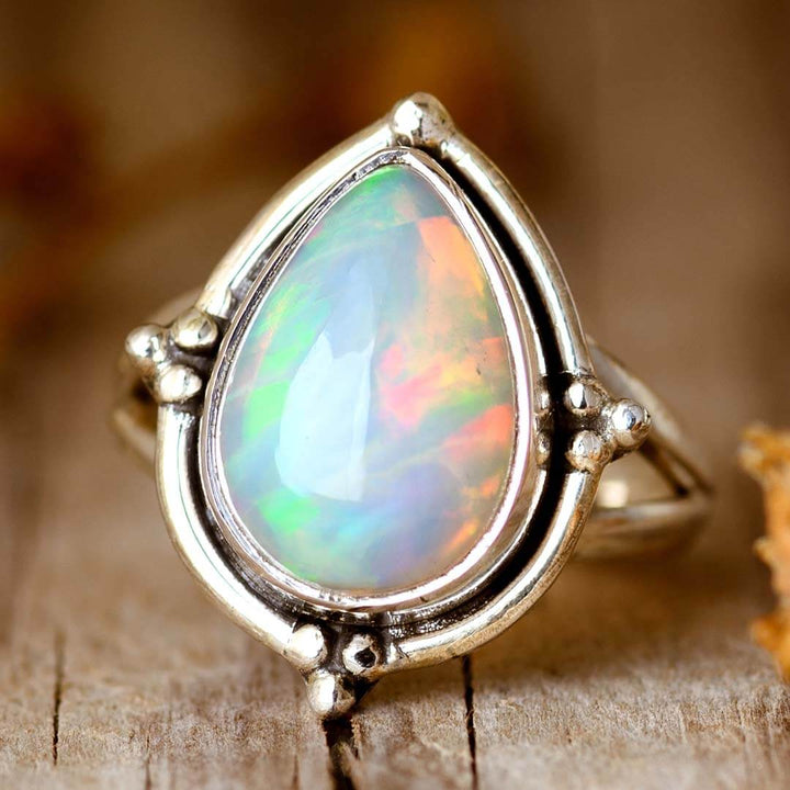 Opal Teardrop Ring in Sterling Silver